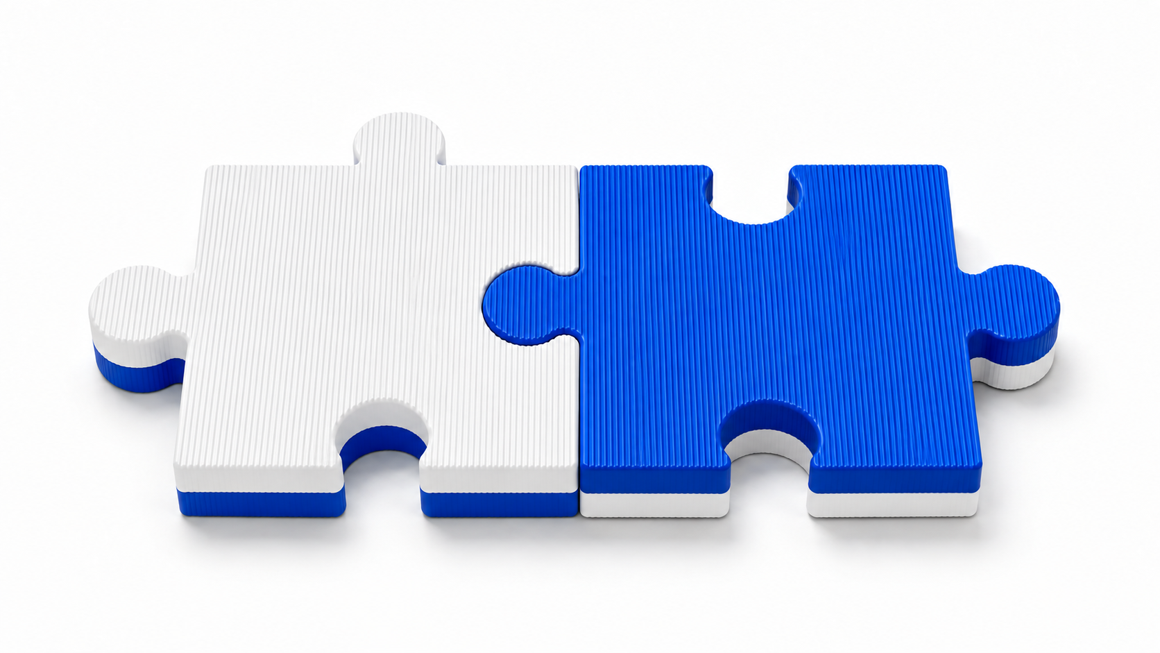 Two interlocking ridged puzzle pieces, each with equal-thickness blue and white layers in opposite order.