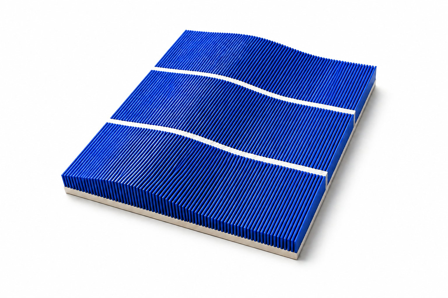 Fine cobalt-blue ridges arranged into three precisely aligned bands, with each individual edge visible.