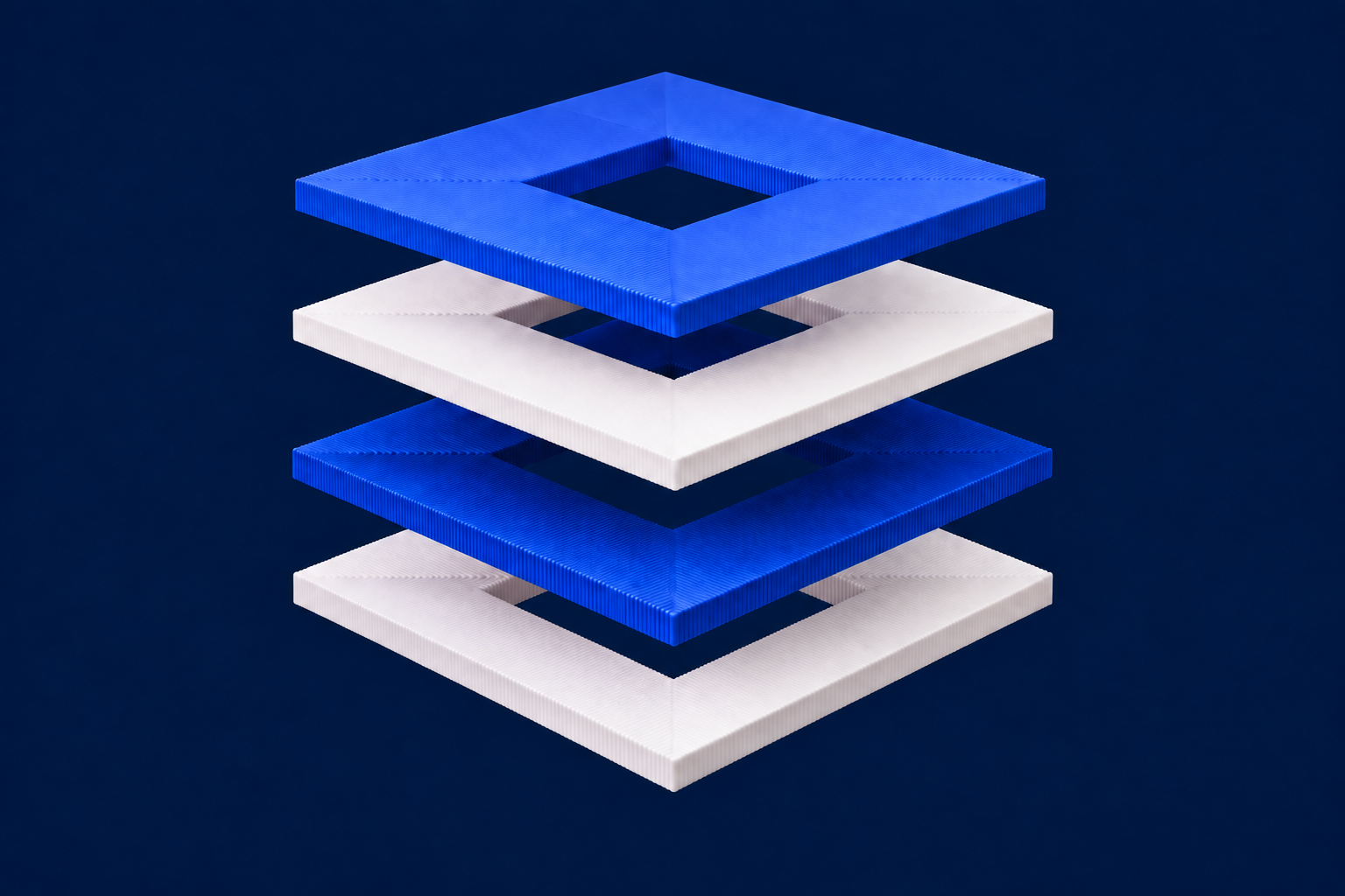 Four aligned cobalt and white frames with fine surface ridges, open centers and clear space between each layer.